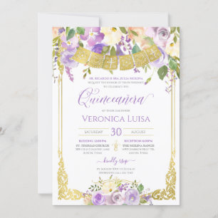 Paars Waterverf Floral Gold Quinceanera Kaart