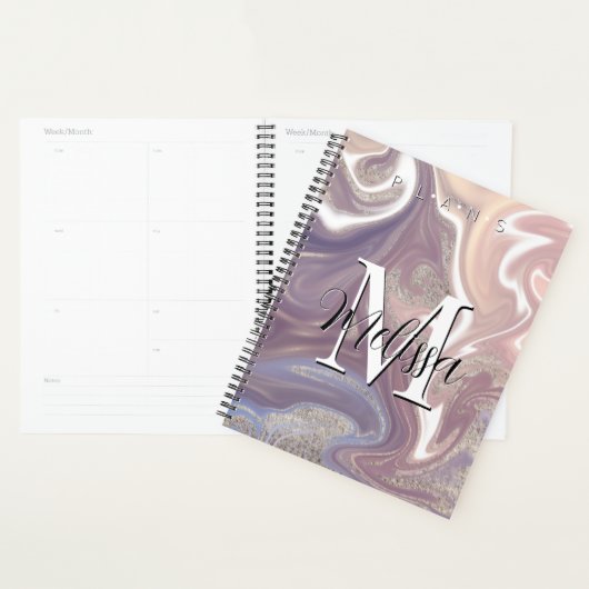 Paars-White Gold Modern Monogram Abstract Planner (Display)