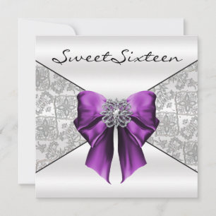 Paars White Satin Damask Sweet Sixteen Kaart