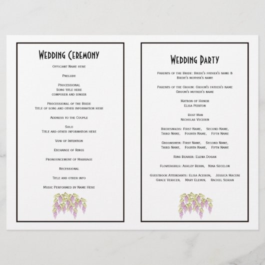 Paars wisteria floral folded bruiloft programme (Achterkant)