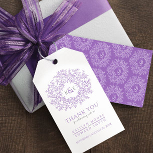 Paars wit blad monogram trouwgunst cadeaulabel