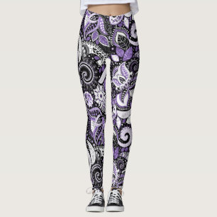 Paars Wit Zwart Paisley Print Patroon Leggings