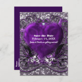 Paars & Zilver Hart Glitter Save The Date Feest Aankondigingskaart (Voorkant / Achterkant)