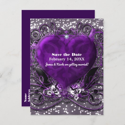Paars & Zilver Hart Glitter Save The Date Feest Aankondigingskaart (Voorkant / Achterkant)