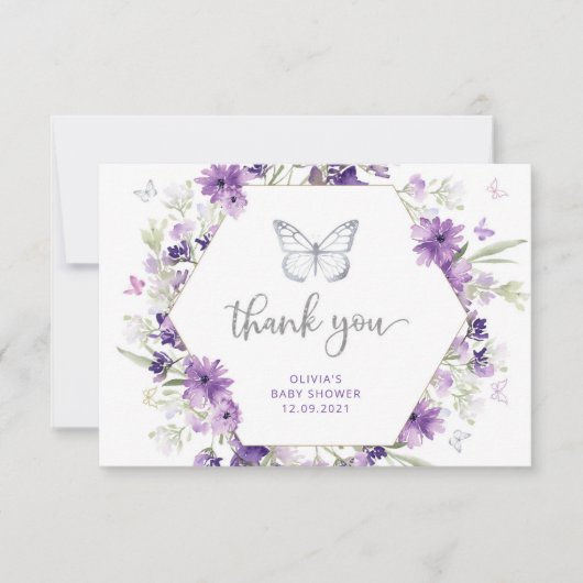 Paars zilveren vlinder baby shower dank u uw kaart