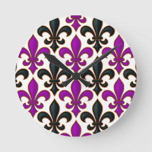 Paars Zwart Barok Fleur-de-lis Patroon Ontwerp  Ronde Klok