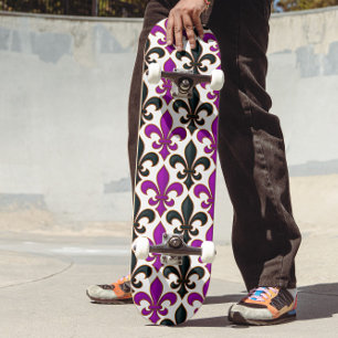 Paars Zwart Barok Fleur-de-lis Patroon Ontwerp Skateboard