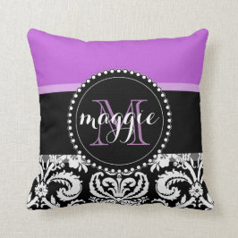 Paars zwart Damask Girly Monogram Kussen