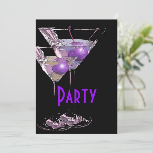 Paars zwart elegant feest kaart (Staand voorkant)