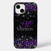 Paars zwart geborsteld metaal glitter monogram Case-Mate iPhone case (Achterkant)