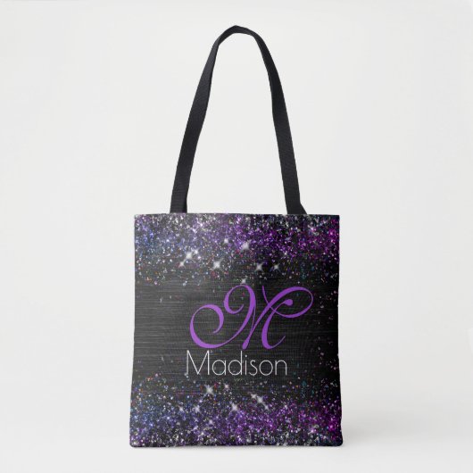 Paars zwart geborsteld metaal glitter monogram draagtas (Voorkant)