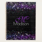 Paars zwart geborsteld metaal glitter monogram planner (Voorkant)