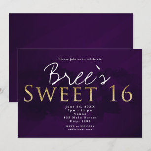Paars Zwart & Goud SWEET 16 Chic Verjaardagsfeestj Kaart