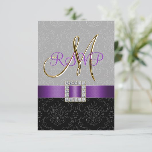 Paars Zwart Grijs Damast Goud Initiaal Trouw RSVP (Staand voorkant)