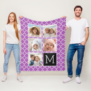 Paars & Zwart Instagram 5 Foto Collage Monogram Fleece Deken
