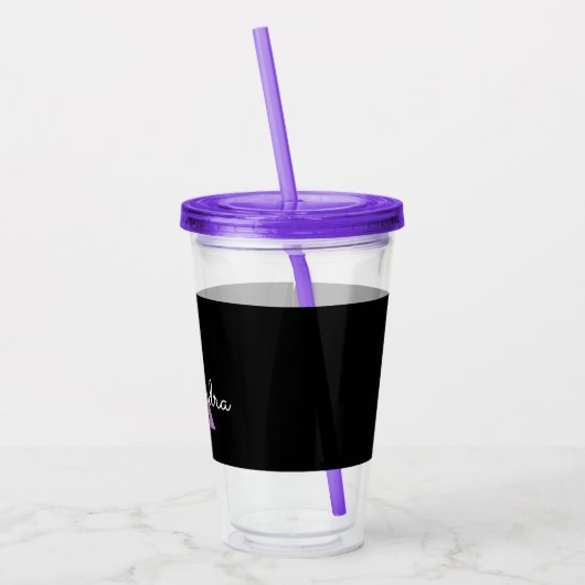 Paars zwart Script Girly Monogram Naam Acryl Drinkbeker (Links)