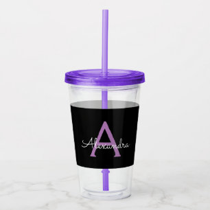 Paars zwart Script Girly Monogram Naam Acryl Drinkbeker