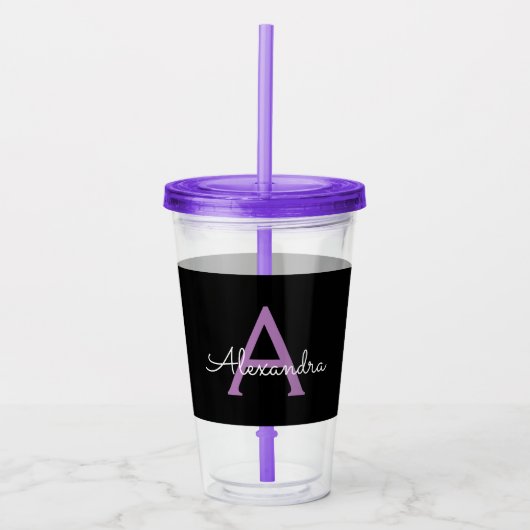 Paars zwart Script Girly Monogram Naam Acryl Drinkbeker (Voorkant)