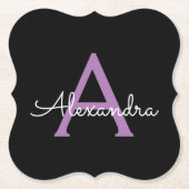 Paars zwart Script Girly Monogram Naam Kartonnen Onderzetters (Voorkant)
