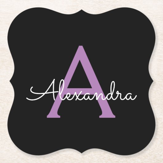 Paars zwart Script Girly Monogram Naam Kartonnen Onderzetters (Voorkant)