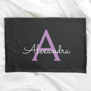 Paars zwart Script Girly Monogram Naam Kussensloop