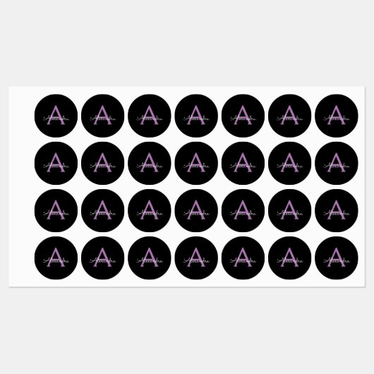 Paars zwart Script Girly Monogram Naam Labels (Vel)