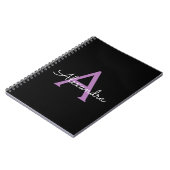Paars zwart Script Girly Monogram Naam Notitieboek (Linkerzijde)