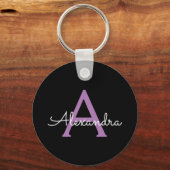 Paars zwart Script Girly Monogram Naam Sleutelhanger (Voorkant)