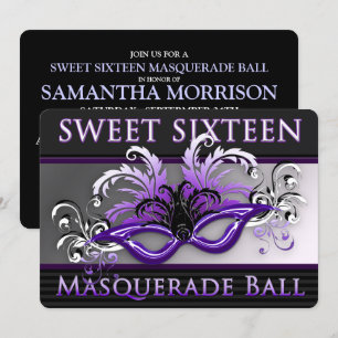 Paars/zwart Sweet Sixteen Masquerade Ball Kaart