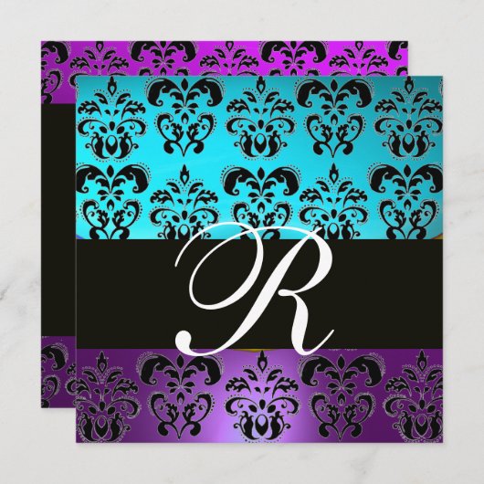 PAARS ZWART TEAL BLAUW TURQUOISE DAMAST MONOGRAM KAART (Voorkant / Achterkant)