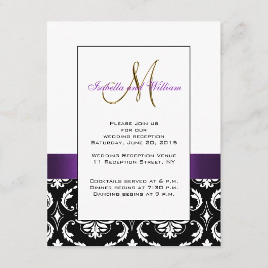 Paars Zwart Wit Damast Trouwfeest Ontvangstkaart Informatiekaartje (Achterkant)