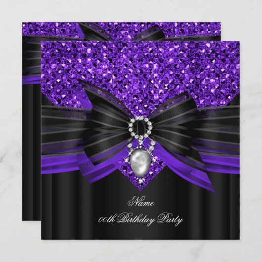 Paars zwarte glitter Birthday Party Diamond Kaart (Voorkant / Achterkant)