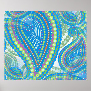 Paarsblauw Limegroen Paisley Bloemmotief Kunstpatr Poster
