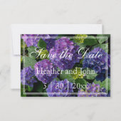Paarsblauwe periwinkel hydrangea's besparen save the date (Voorkant)