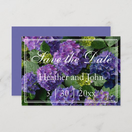 Paarsblauwe periwinkel hydrangea's besparen save the date (Voorkant / Achterkant)