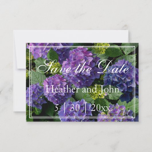 Paarsblauwe periwinkel hydrangea's sav save the date (Voorkant)