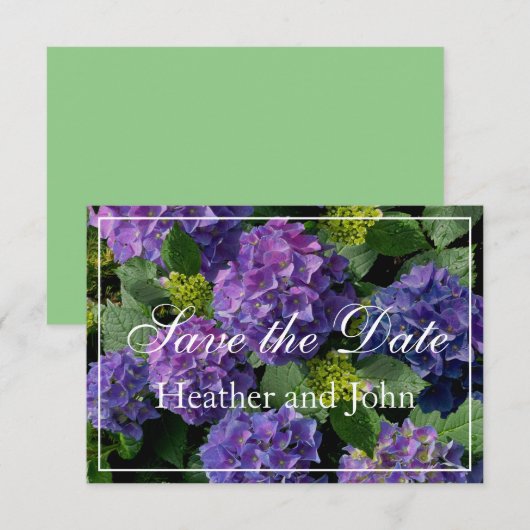 Paarsblauwe periwinkle hortensia's save the date (Voorkant / Achterkant)