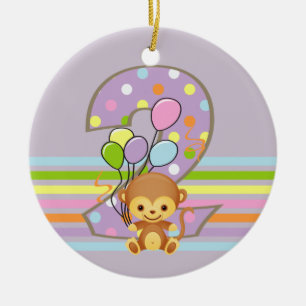 Paarse 2e verjaardag van de aap en de ballonnen keramisch ornament