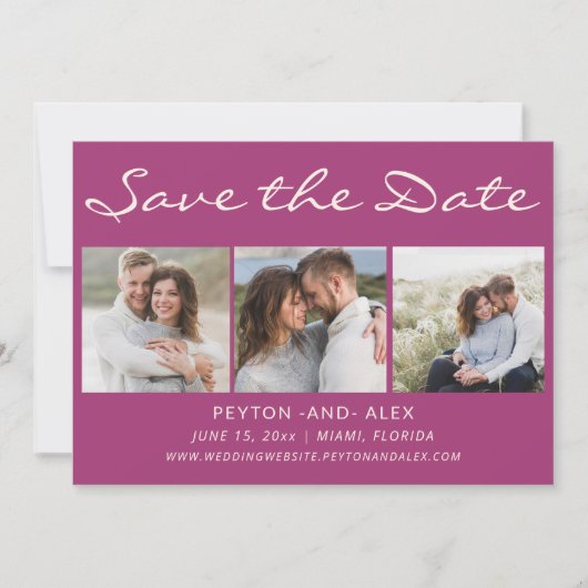Paarse 4-foto 2-zijdige bruiloft Opslaan Datum Save The Date (Voorkant)