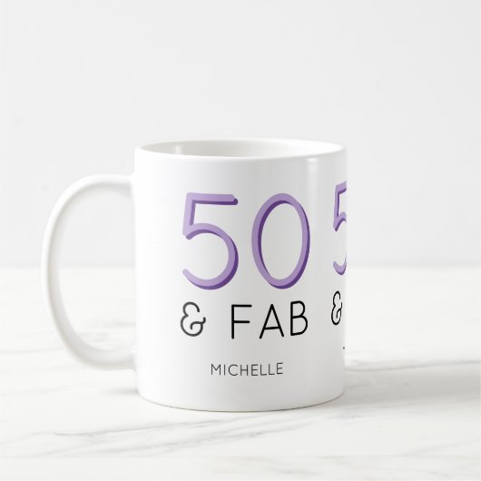 Paarse 50 en een prachtig modern 50e verjaardagsfe koffiemok (Links)