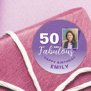 Paarse 50 en Fabulous 50th Birthday Foto Ronde Sticker