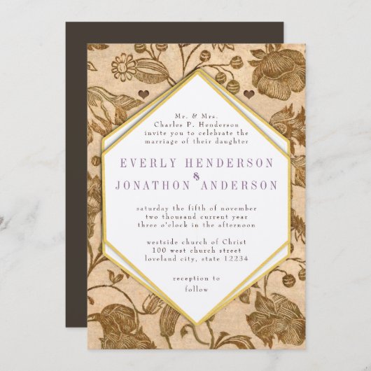 Paarse accenten liefde vogel patroon bruiloft Kaart (Voorkant / Achterkant)