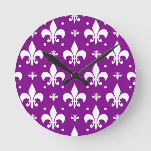 Paarse achtergrond Fleur-de-lis Patroonontwerp Ronde Klok