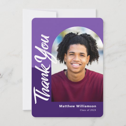 Paarse Afstuderen Foto Bold Arch Script Modern Bedankkaart (Voorkant)