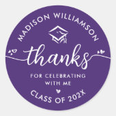 Paarse Afstuderen Modern Bedankt Script Hearts Ronde Sticker (Voorkant)