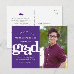 Paarse afstuderen verandering van plannen vet typo uitnodiging briefkaart