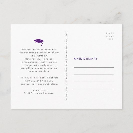 Paarse afstuderen verandering van plannen vet typo uitnodiging briefkaart (Achterkant)
