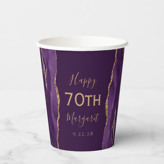 Paarse Agaat Goud Glitter Plum 70e Verjaardag Papieren Bekers (Achterkant)