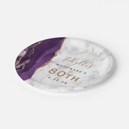 Paarse Agaat Marmer Goud Script 80e Verjaardag Papieren Bordje (Gekanteld)