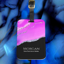 Paarse agaat, zilveren glitter, naam en tekst op z bagagelabel